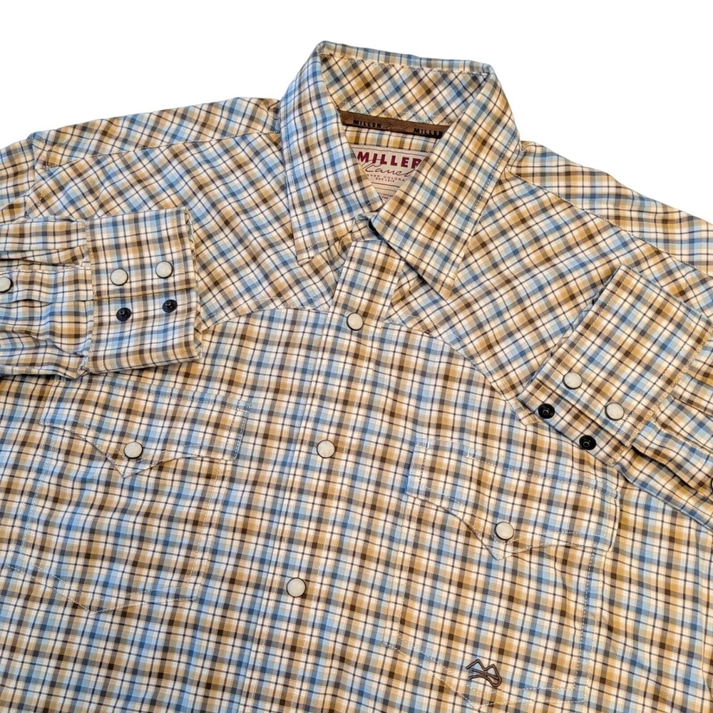 Miller Ranch Western Snap Shirt Mens M Tan Blue Plaid Pearl Snaps Cotton Cowboy